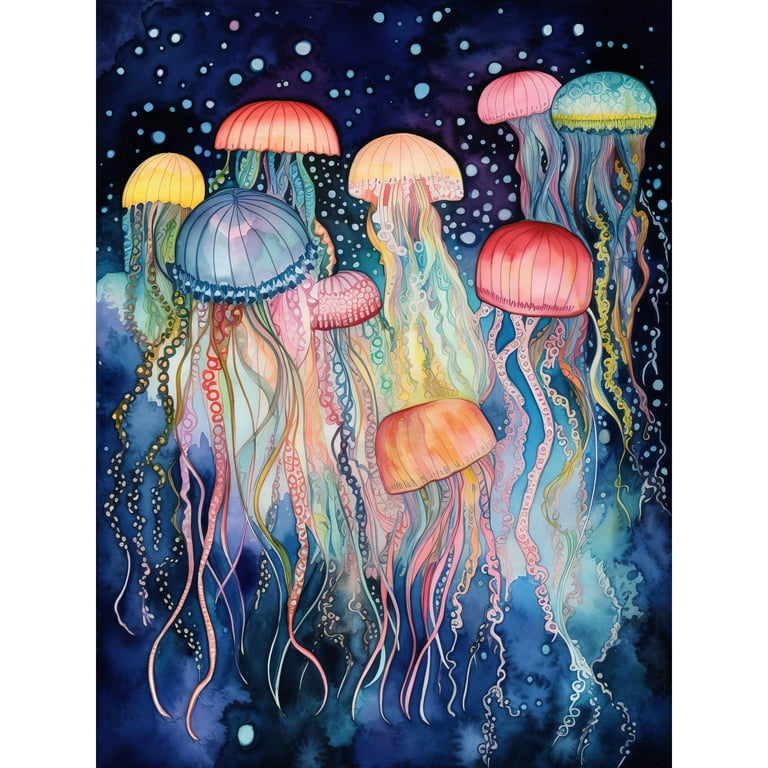 Group of Jellyfish Multicoloured Folk Art Watercolour Painting Extra Large  XL Wall Art Poster Print 
