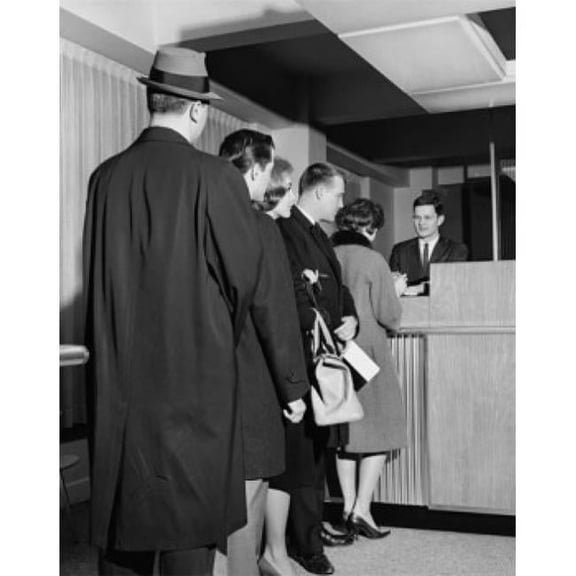 Group of People Standing in Line at a Bank Counter Poster Print - 18 x 24 in.