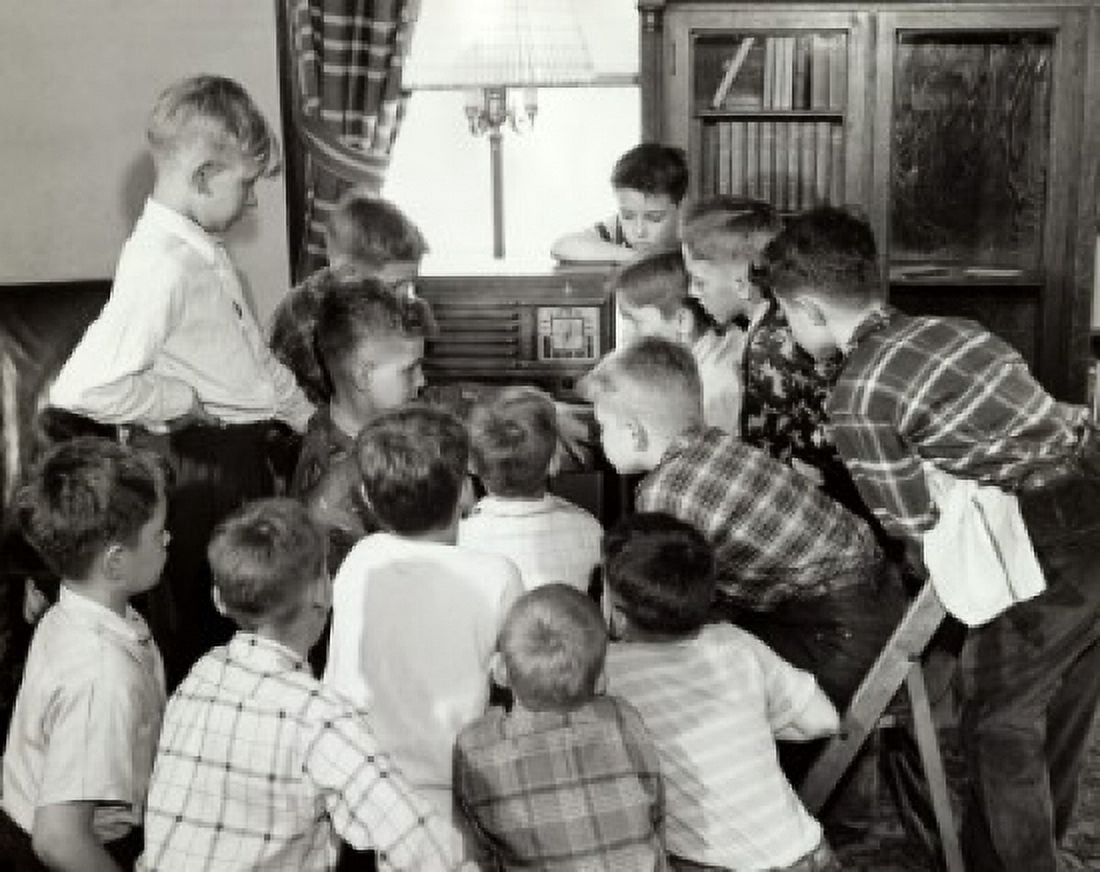Group of boys listening to the radio Canvas Art - (18 x 24)