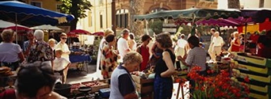 Group of people in a street market Ceret France Canvas Art - Panoramic Images (36 x 13)