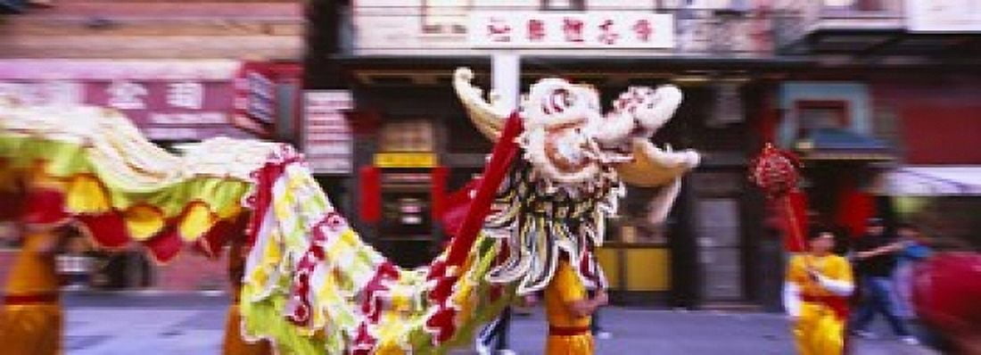 Group of people performing dragon dancing on a road Chinatown San Francisco California USA Canvas Art - Panoramic Images (18 x 7)
