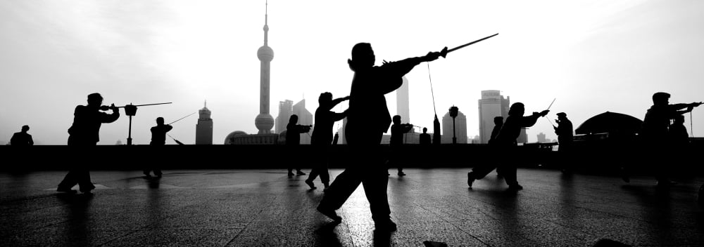 Group of people practicing Tai Chi The Bund Shanghai China Canvas Art - Panoramic Images (13 x 36)