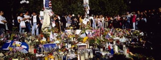 Group of people standing in front of offerings at a memorial New York City New York State USA Canvas Art - Panoramic Images (36 x 13)