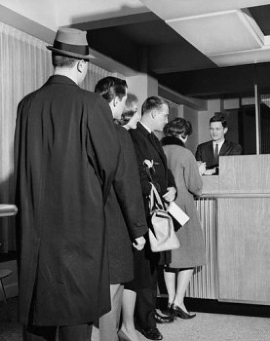 Group of people standing in line at a bank counter Canvas Art - (18 x 24)