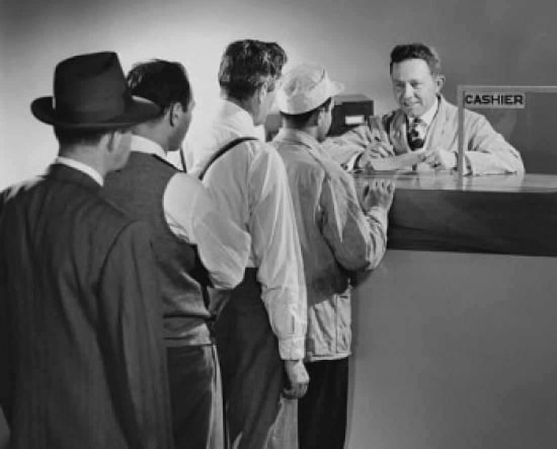 Group of people standing inline at a bank counter Canvas Art - (18 x 24)