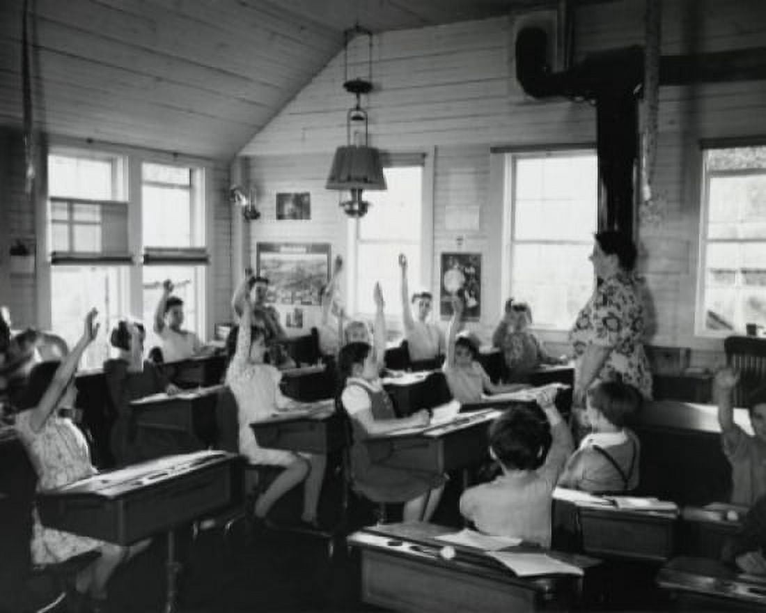 Group of students raising their hands in a classroom Canvas Art - (24 x 36)