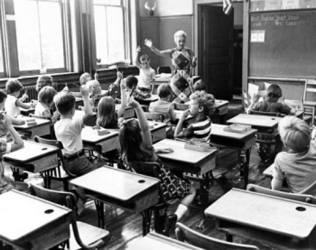 Group of students raising their hands in a classroom Canvas Art - (24 x 36)