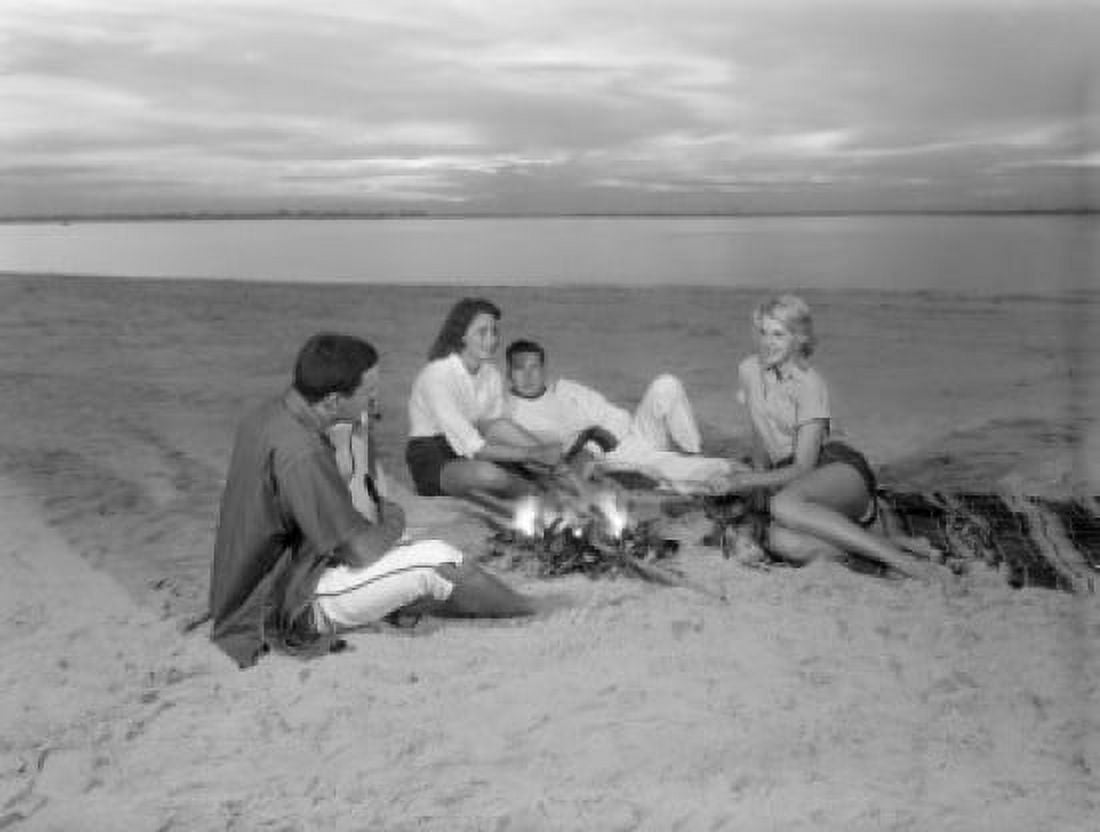 Group of young friends resting by bone fire on sandy beach Canvas Art - (24 x 36)