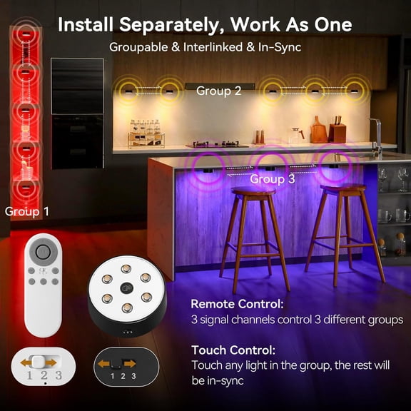 Groupable & Linkable LED Puck Lights Pro, 2.4G Remote Control, Rechargeable Under Cabinet Lighting, Tap & Touch Activated, 3 CCT & RGB Color Changing, Auto-Off Timer, 6 Pack - Black