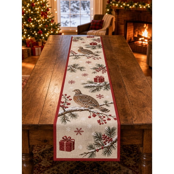 Grouse Snow Branch Table Runner 13 x 72 Inch, Woodland Bird Winter ...