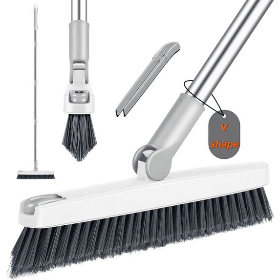 Grout Cleaner Brush with Long Handle, 2-in-1 V-Shaped Stiff Bristle Floor Scrub Brush with Rotating Head and Hair Clip, Adjustable 27–50 Inch Shower Cleaner Brush for Tile Floors, Bathroom, Kitchen,