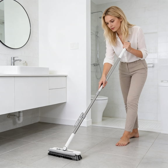 Grout Scrub Brush with Long Handle Double-Sided Floor Scrub Brush Grout Cleaner with Rotating for Tile Floors, Baseboards, Wall