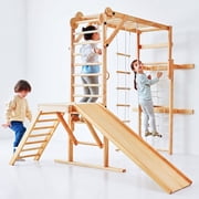 Avenlur Grove 8-in-1 Indoor Jungle Gym with Gymnastic Rings, Climbing Rope, Swing, Slide, Monkey Bars, Rope Wall Net, and Wooden and Rope Ladder - Jungle Play Set for Kids Ages 2-11 Years Old