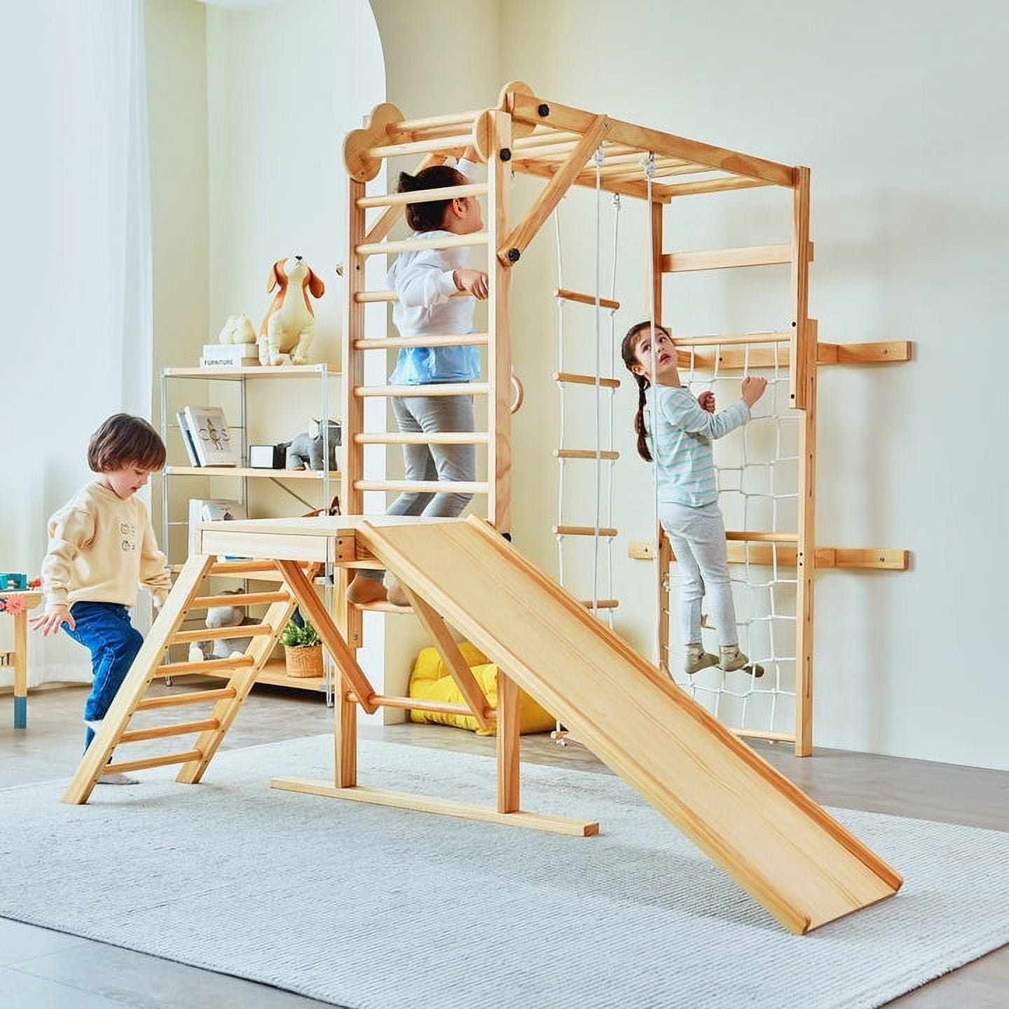 Natural Wood 8-in-1 Indoor Jungle Gym with Slide and Swing