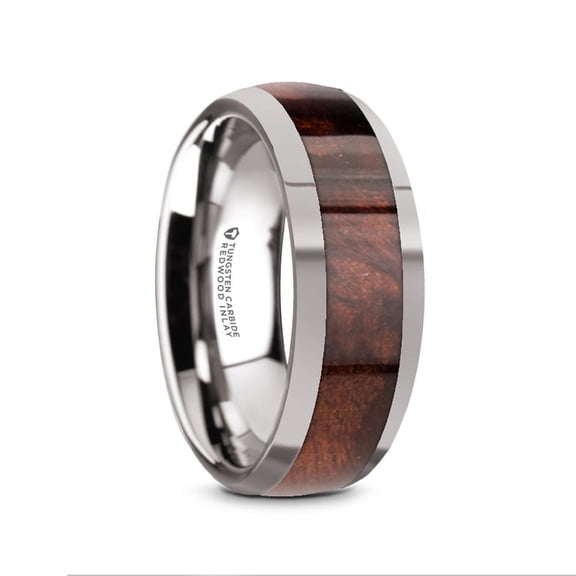 Grove Mens Tungsten Polished Edges Domed Wedding Ring With Redwood Inlay