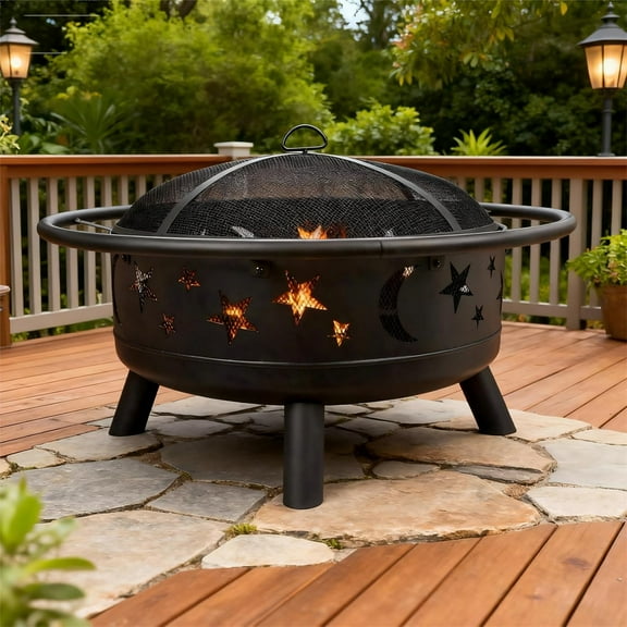 Grovelli 38" Round Wood Burning Fire Pit with Mesh Cover, Fire Poker, Star & Moon Cutouts, Metal Outdoor Firepit for Patio, Backyard, Garden, Bonfire, Camping, Christmas, Thanksgiving,