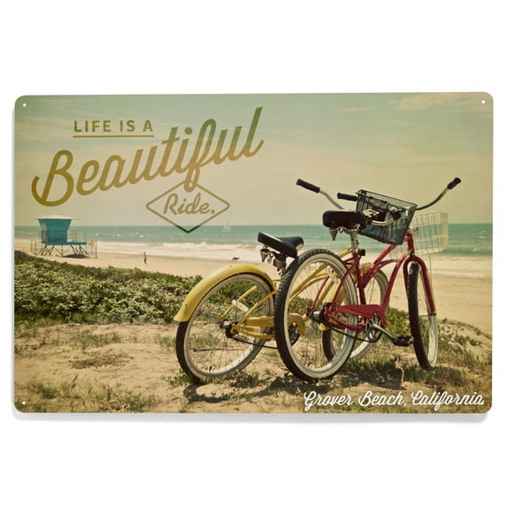 Grover Beach, California, Life is a Beautiful Ride, Beach Cruisers (12x18 Aluminum Art, Indoor Outdoor Metal Sign Decor)