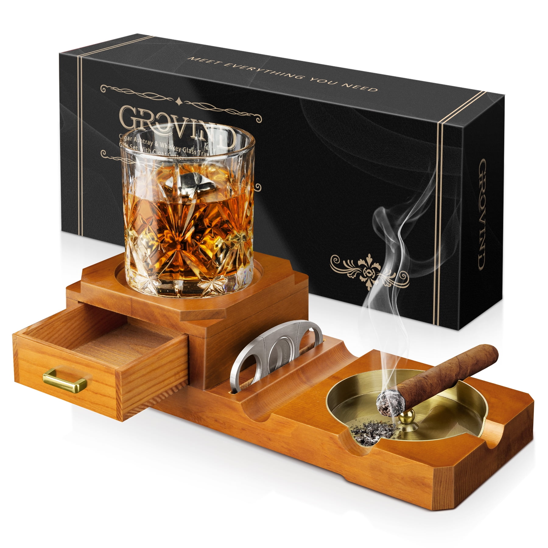 Grovind Cigar Ashtray Gift Set with Cigar Cutter, Whiskey Glass Tray ...