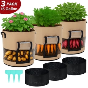 BSHAPPLUS 3 Pcs Potato Grow Bags 15 Gallon,Clear Visible Window Vegetable Grow Bag with Harvest Flap,Blackout Cloth & Plant Label,Heavy Duty Non-Woven Fabric Planter Pot for Potato Carrot Onion Root