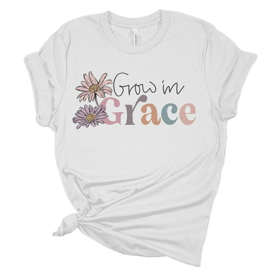 Grow In Grace Floral Unisex Ladies Design Christian T-shirt Graphic Tee-White-large