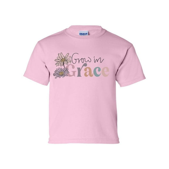 Grow In Grace Floral Youth Kids Christian T-shirt Graphic Tee Graphic Tee-Light Pink-large