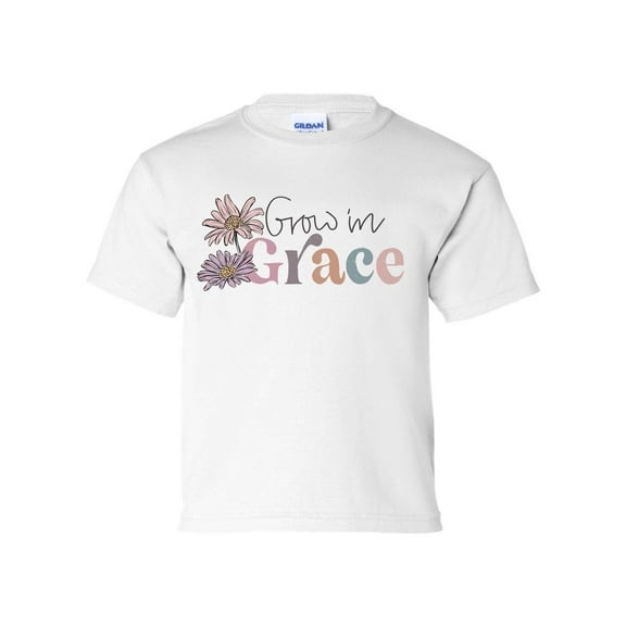 Grow In Grace Floral Youth Kids Christian T-shirt Graphic Tee Graphic Tee-White-small