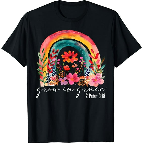 Grow In Grace Wildflower Rainbow Christian Bible Verse T-Shirt