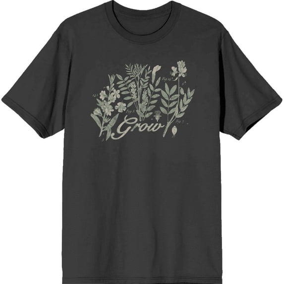 Grow Inspirational Vintage Botanicals Adult Charcoal Crew Neck Short Sleeve Tee-Medium