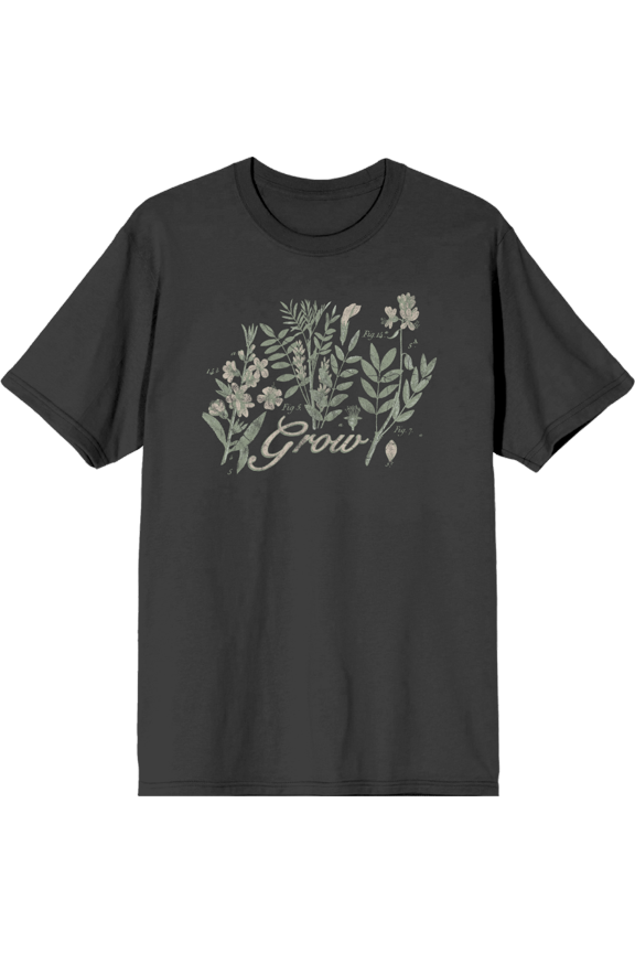 Grow Inspirational Vintage Botanicals Adult Charcoal Crew Neck Short Sleeve Tee-Medium