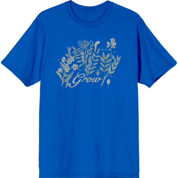 Grow Inspirational Vintage Botanicals Adult Royal Blue Crew Neck Short Sleeve Tee-3XL