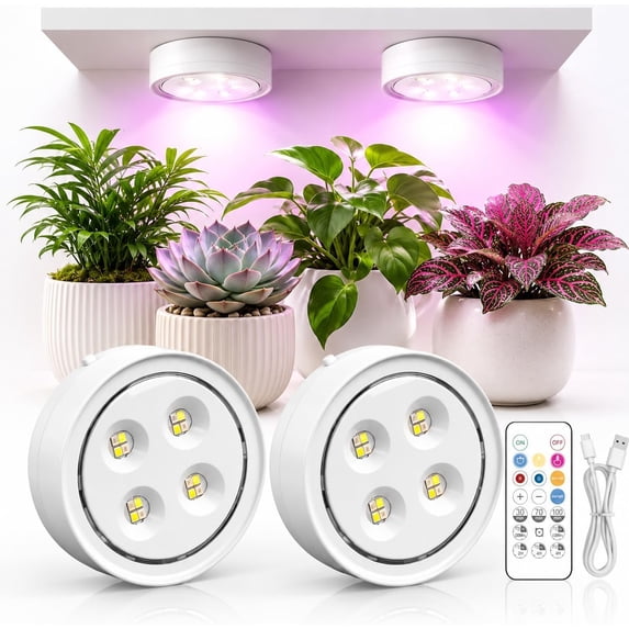 Rechargeable Full Spectrum LED Grow Light for Indoor Plants, 6500K, with Timer and Remote, Stepless Dimming, 2-Pack