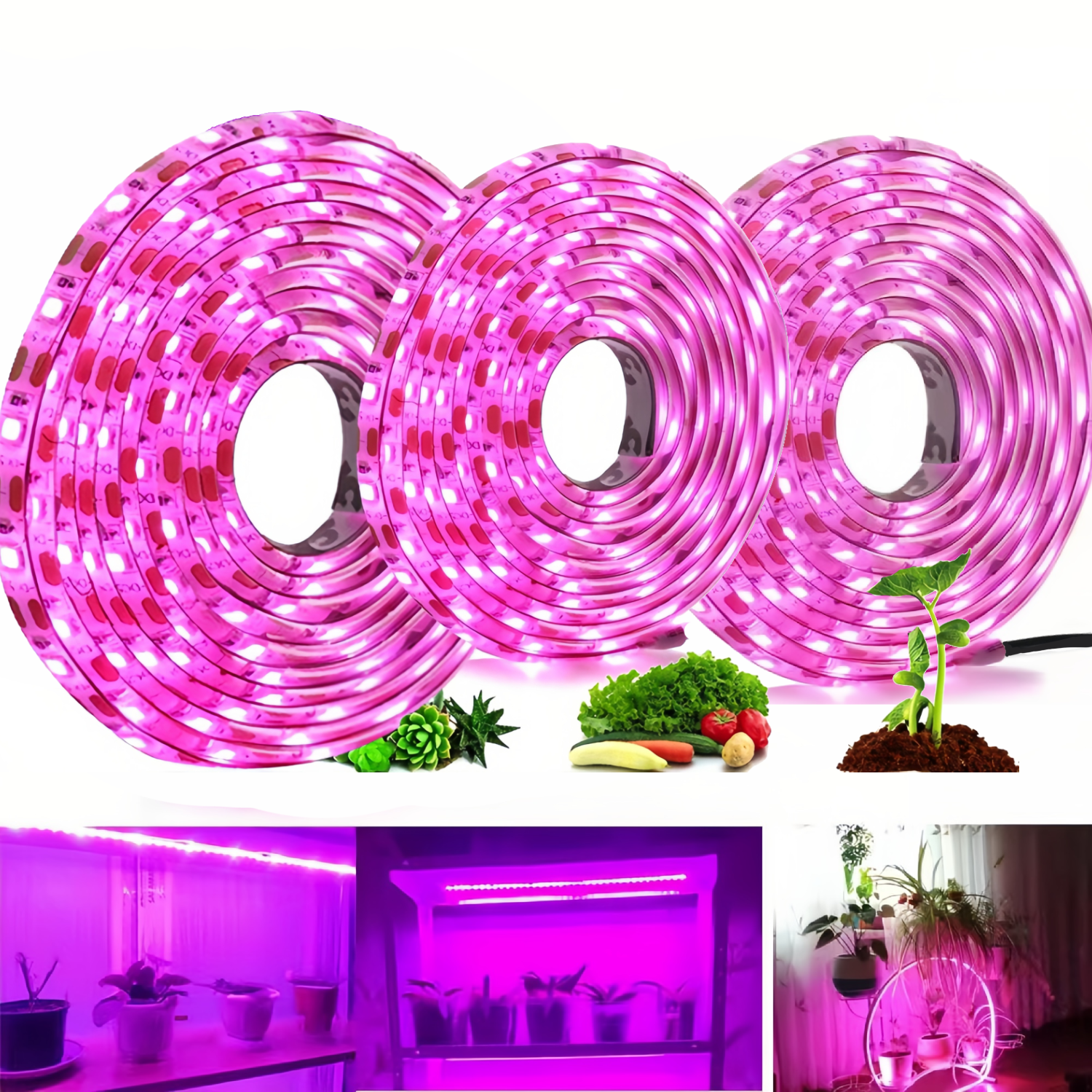 Grow Light,3 Pack 16.4 ft Cuttable Waterproof Plant Light,Grow Light Strip with Sensor Switch,Purple LED Grow Light for Plant Growth and Greenhouse Hydroponics