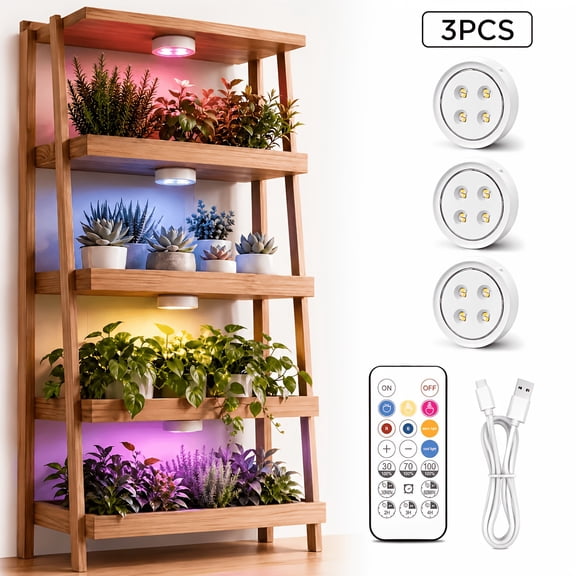 Grow Light 3 Pack, Rechargeable Full Spectrum LED, Magnetic Plant Light for Indoor, 6500K with Timer Remote, Stepless Dimming for Shelf