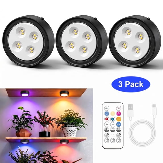 Rechargeable Grow Light 3 Pack, Full Spectrum LED, Magnetic Plant Light for Indoor, 6500K, Stepless Dimming with Timer Remote, for Shelf