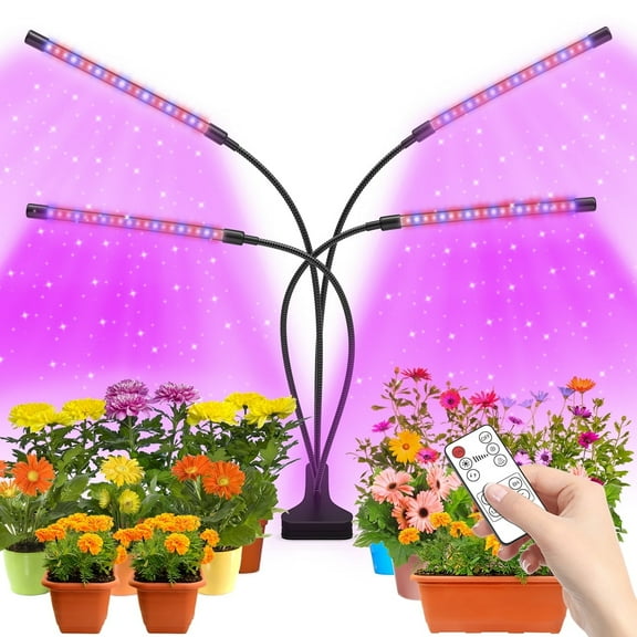 Grow Light,4 Head Grow Lights for Indoor Plants with Red Blue Spectrum, 4/8/12H Timer, 10 Dimmable Brightness for Indoor Succulent Plants Growth, 3 Switch Modes, Adjustable Gooseneck