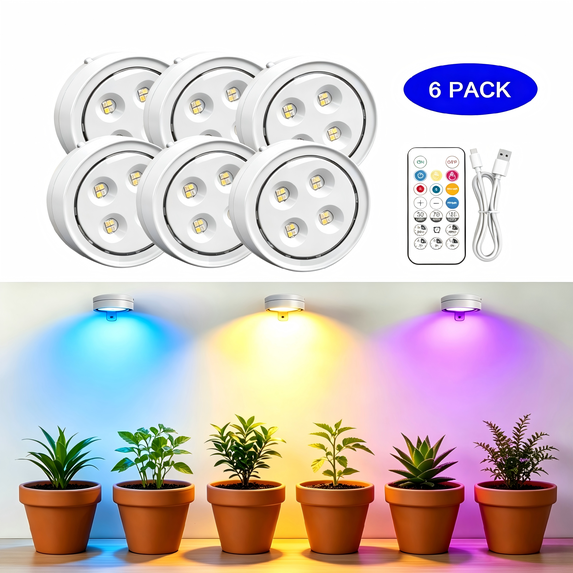 Rechargeable Grow Light 6 Pack, Full Spectrum LED, Magnetic Plant Light for Indoor, 6500K, Stepless Dimming with Timer Remote, for Shelf