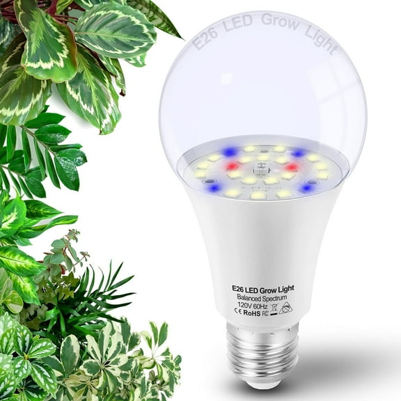 Grow Light Bulbs for Indoor Plants Full Spectrum E26 A19 10W,Grow LED Light Bulb with Balanced Spectrum 5000K Blue Red for Seeds Greens Laboratory,School,Greenhouse,1Pcs