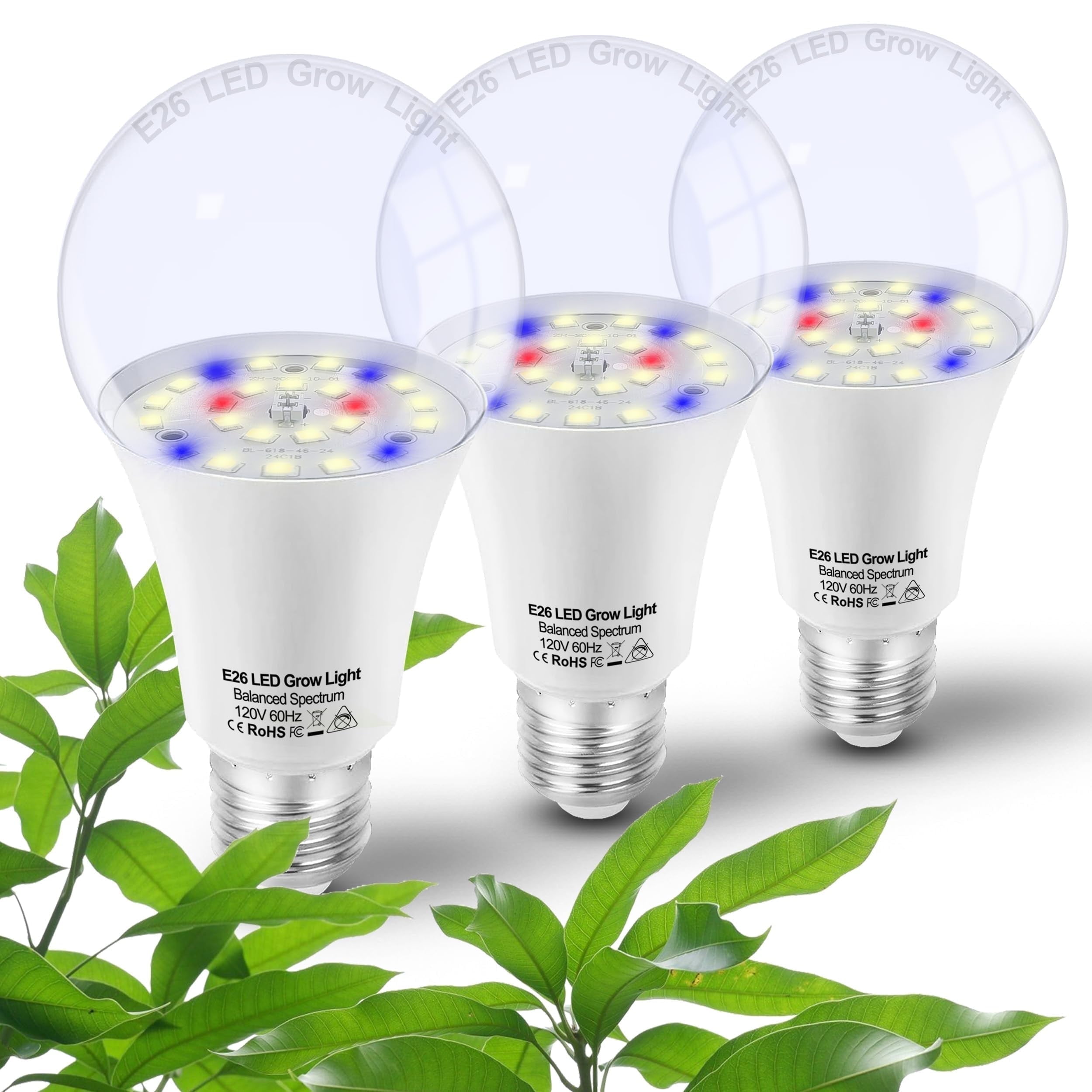 Grow Light Bulbs for Indoor Plants Full Spectrum,E26 A19 Grow LED Lamp Bulb  10W, Pack of 3