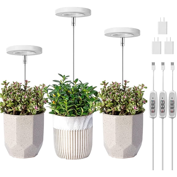 Grow Light, Full Spectrum LED Plant Light for Indoor Plants, Height Adjustable Growing Lamp with Auto On/Off Timer 4/8/12H, 4 Dimmable Brightness, Ideal Small Pack of 3, Warm White