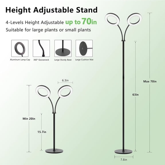 Grow Light for Indoor Plants, 2 Head Full LED Tall Plant Lights with Timer, 3 Color Modes Standing Floor Growing Lamp, 70" Height Adjustable, 10 Dimmable Levels for Large Plants
