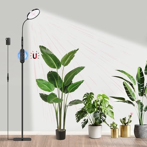 Grow Light for Indoor Plants, Full Spectrum Floor Standing Plant Light, Remote Control & 4/8/12/18H Timer, 3 Modes 10 Dimmable Levels, Stable Base for Tall Plants Succulents Herbs, Black