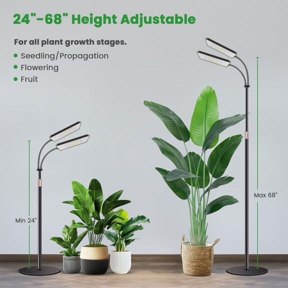 Grow Light with Stand, Full Floor Plant Lights for Indoor Growing, Height Adjustable 24-68, Ideal for Growing Large Plants, 4/8/12/16H Timer,3 Lighting Modes,306 LED (2 Heads)