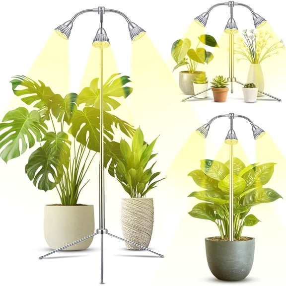 Grow Lights with 3 Heads for Indoor Plants, 10-55 Inches Height Adjustable Aluminum Alloy, Full Spectrum Plant Growing Lamps with Detachable Tripod Stand, Auto On/Off Timer