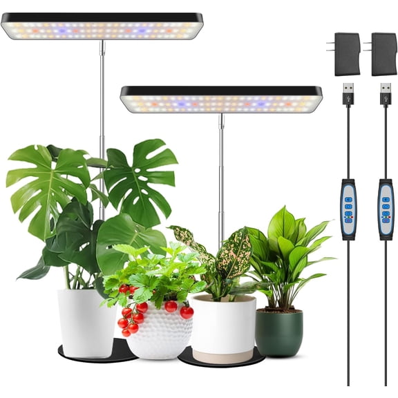 Grow Lights, Full Spectrum Plant Light for Indoor Plants, Height Adjustable Desktop Lamp with Auto Timer 6/12/16Hrs, 3 Lighting Modes,5 Brightness,Ideal Potting Soil, 2 Pack