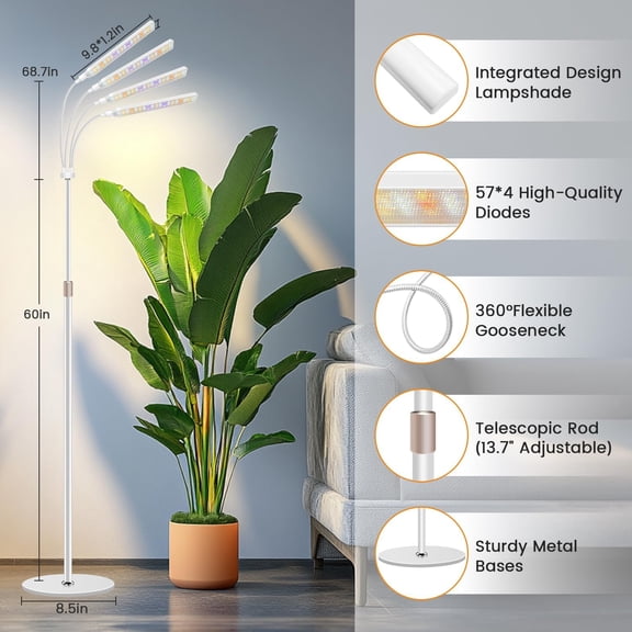 Grow Lights for Indoor Plants, 4-Head Full Plant Grow Light with 4/8/12/16H Timer, 3 Color Modes, 5 Brightness, 24-68.7in Height Adjustable Floor Growing Lamp for Tall Large Plants