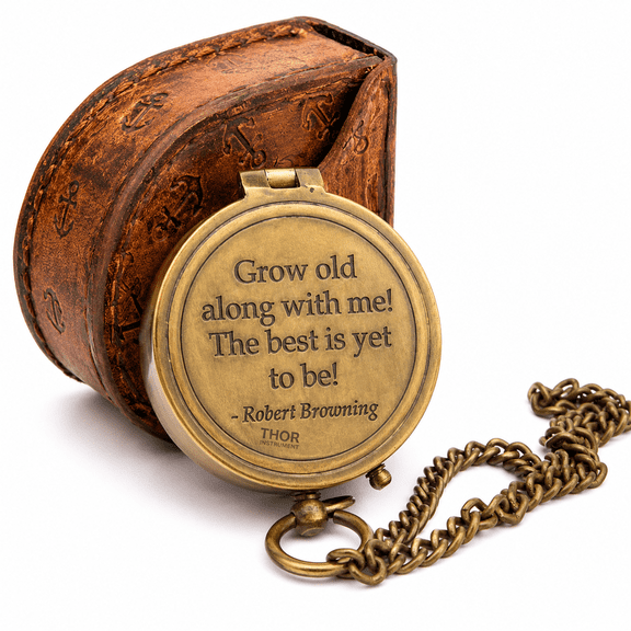 Grow Old with ME Engraved Brass Nautical Compass ON Chain with Leather CASE, Directional Magnetic Compass Rustic Vintage Home Decor Gifts