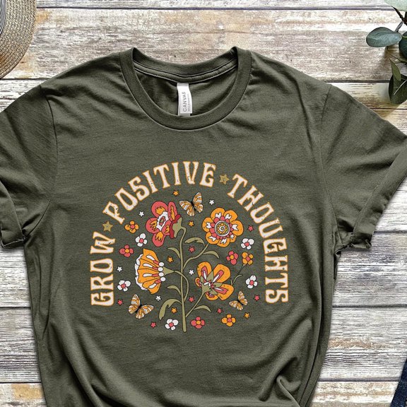 Grow Positive Thoughts Tee, Floral T-Shirt, Bohemian Style Shirt, Butterfly Shirt, Trending Right Now, Women'S Graphic T-Shirt, Love Tee Unisex S-5XL Hot Trending Shirt, Vintage Birthday Gift