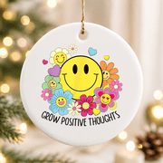 Grow Positive Thoughts Yellow Smile Face Flowers Christmas Ornament, Holiday Keepsake Gift, Ceramic Ornament