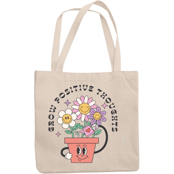 Grow Positive Thoughts with Retro Flower Plant Art Merch Gift, 12oz Canvas Tote Bag