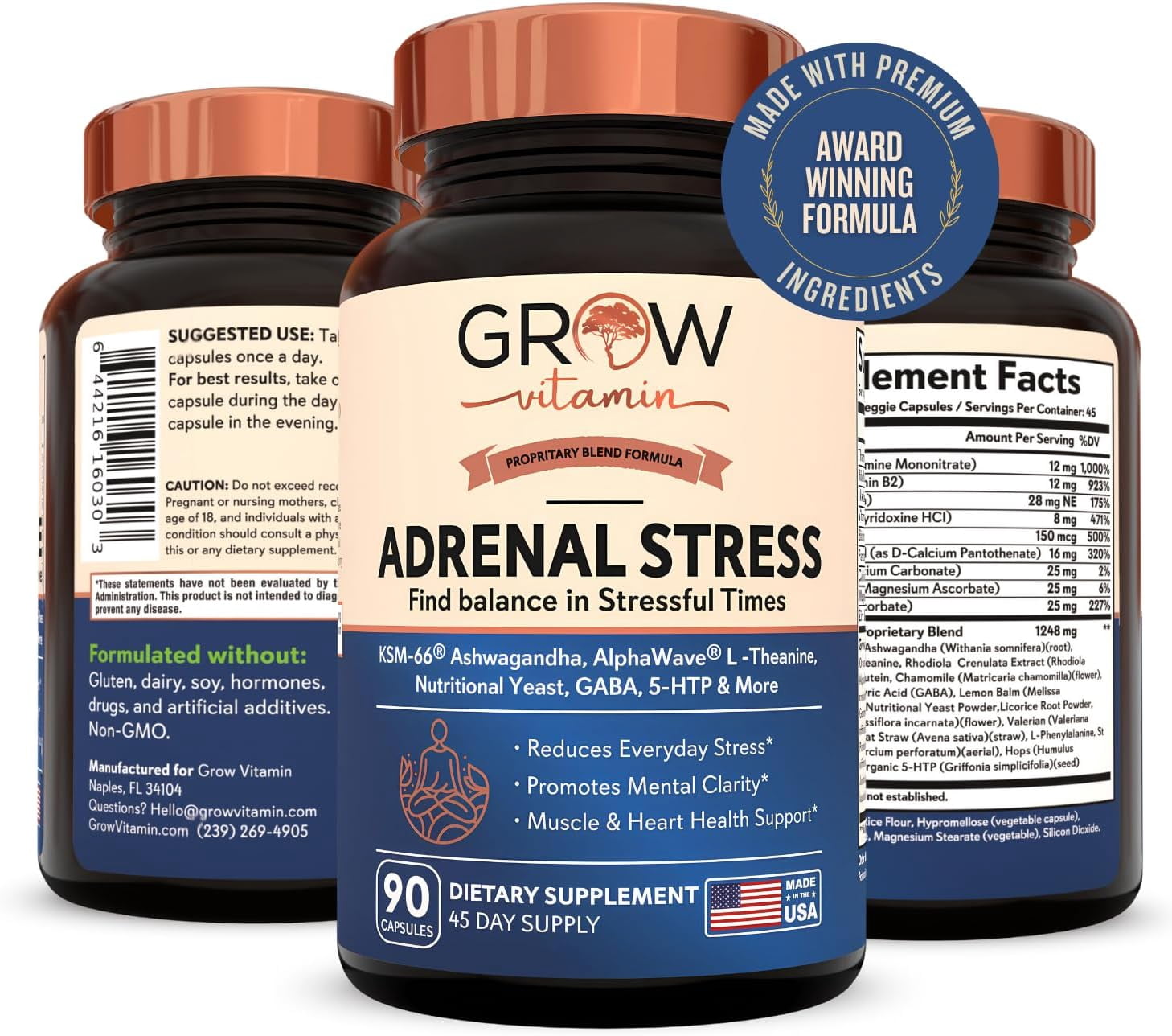 Grow Vitamin Adrenal Stress Support with Ashwagandha AlphaWave 90 Capsules